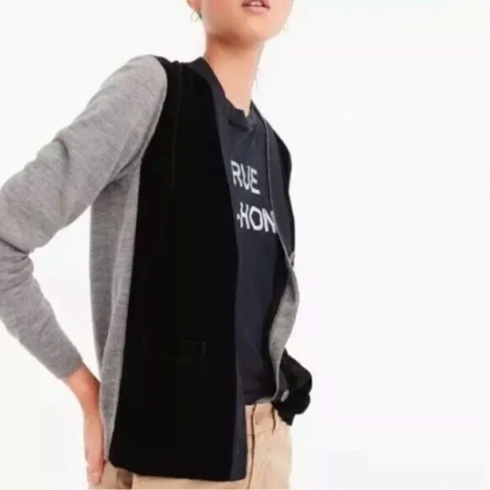 J Crew Cardigan Sweater Harlow Gray Black Merino Wool Velvet Button Front Sz XS - Picture 2 of 11